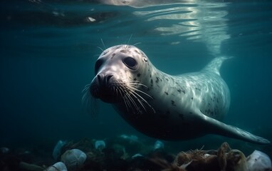 A harbor seal swims underwater with a pile of plastic trash. ecological catastrophy 