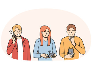 Diverse people use gadgets communicate online. Group of multiracial men and women message or talk on cellphones. Communication and technology. Vector illustration.