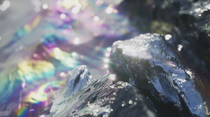 Abstract chromatic aberration liquid holographic vivid silver leaking foil and stone texture