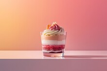 Layered tiramisu trifle with fresh raspberries in a clear glass against a warm gradient background