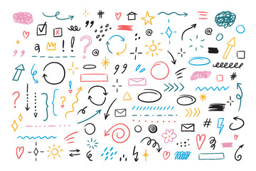 Aufkleber - Hand drawn set of simple decorative elements. Various icons such as hearts, stars, speech bubbles, arrows, lines isolated on white background