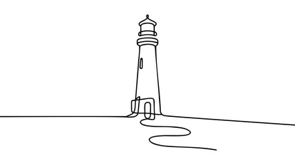 Continuous one simple single abstract line drawing of lighthouse icon in silhouette on a white background. Linear stylized