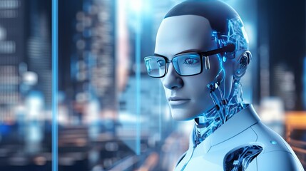 Artificial intelligence robot with futuristic smart eyeglasses by light trail