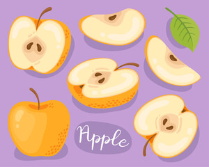 Sticker - Apple. Half, slice and whole of yellow apple. Fresh, ripe fruit. 