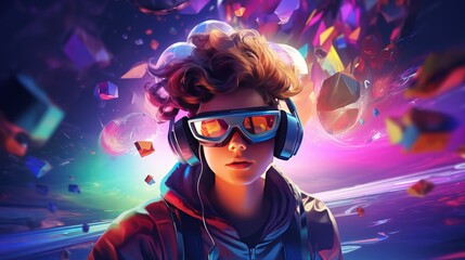 Future digital technology metaverse game and entertainment, Teenager having fun play VR virtual reality goggle, sport game 3D cyber space futuristic neon colorful background,