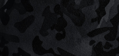 Texture of camouflage fabric as background, black and white effect. Banner design