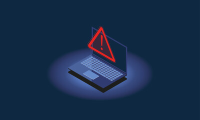 Computer it problem or cybercrime. Laptop with warning sign. Isometric vector illustration.