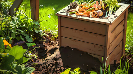 Bac à compost ouvert avec épluchures et vers de terre dans un jardin