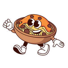 Wall Mural - Groovy noodle bowl cartoon character with fist up. Funny retro yakisoba noodle with sauce walking, comic Japanese food mascot, cartoon happy emoji and sticker of 70s 80s style vector illustration