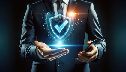 Wall Mural - A businessman in a suit holds a digital holographic shield symbolizing cybersecurity and data protection with a smartphone in hand.
