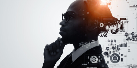 Aufkleber - Thinking black man and statistical data concept. AI(Artificial Intelligence).