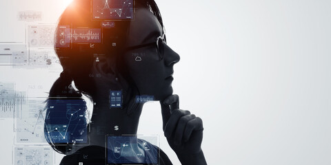 Poster - Thinking woman and digital technology concept. AI(Artificial Intelligence).