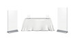 © JAYANNPO - Exhibition set template. Table covered with white tablecloth with blank floor and countertop pop banner stands mockup. Trade show booth kit. Vector mock-up