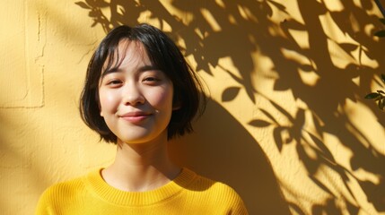 Wall Mural - A young woman with a radiant smile wearing a vibrant yellow sweater stands against a backdrop of a sunlit yellow wall with the soft shadows of leaves dancing on it.