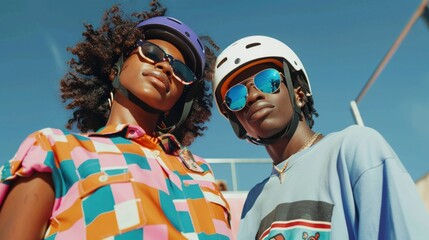 Two individuals wearing helmets and sunglasses posing for a photo against a clear blue sky.