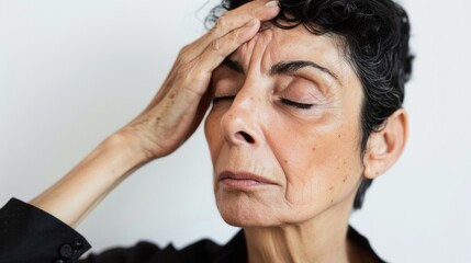 Wall Mural - A woman with closed eyes hand on her forehead appearing to be in deep thought or distress.