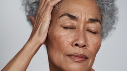 Wall Mural - A close-up of a person with closed eyes resting their head on their hand showcasing a thoughtful or contemplative expression.