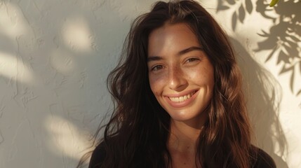 Poster - A smiling woman with long brown hair freckles and a white background with shadows from leaves.