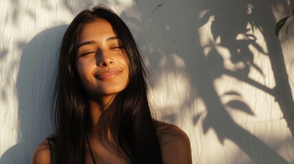 Wall Mural - A young woman with long dark hair smiling gently with her eyes closed basking in the warm glow of sunlight filtering through leaves against a white wall.