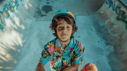 Young skateboarder in vibrant floral shirt smiling at camera wearing protective helmet sitting on ramp at skate park.