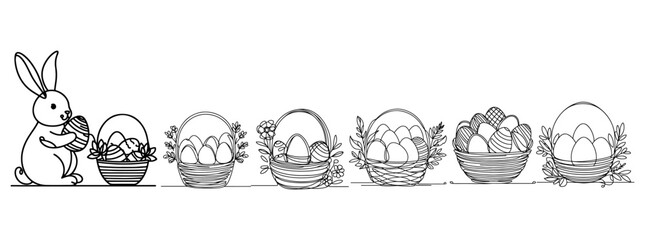 Wall Mural - One continuous hand drawing black line art basket, easter egg, bunny, kids, doodle decorated. design for rabbit easter egg outline style vector