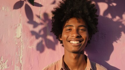 Wall Mural - Smiling man with curly hair against pink wall with leaf shadows.