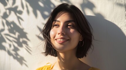 Wall Mural - A young woman with a radiant smile wearing a yellow top and adorned with gold hoop earrings stands against a backdrop of a white wall with a playful shadow of leaves.