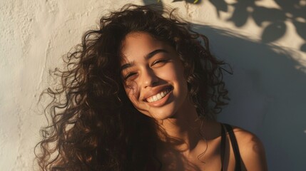 Wall Mural - Smiling woman with curly hair wearing a black top against a white wall with shadows of leaves.