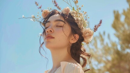 Wall Mural - A young woman with closed eyes adorned with a floral crown basking in the sunlight with a serene expression.