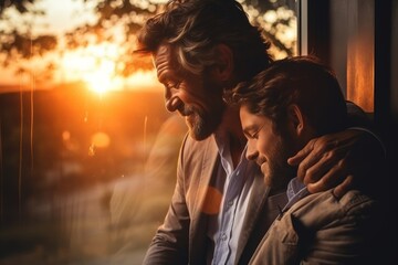 Close-up of two european men embracing at sunset in hotel. Romantic love relationship