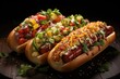 Upper view of three different hot dogs with filling, generative IA