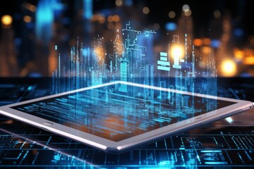 Hand on Digital tablet screen on blue binary code background. Communication connection technologies