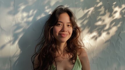 Wall Mural - Young woman with long brown hair smiling at camera standing against a textured wall with sunlight casting dappled shadows.