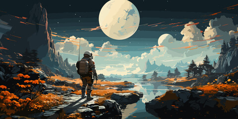 a spaceman standing on a hill surrounded by floating rocks, digital art style, illustration painting