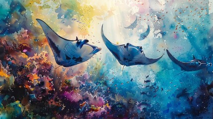 a watercolor masterpiece of a jungle oasis, where manta rays swim in a spectrum of colors during the