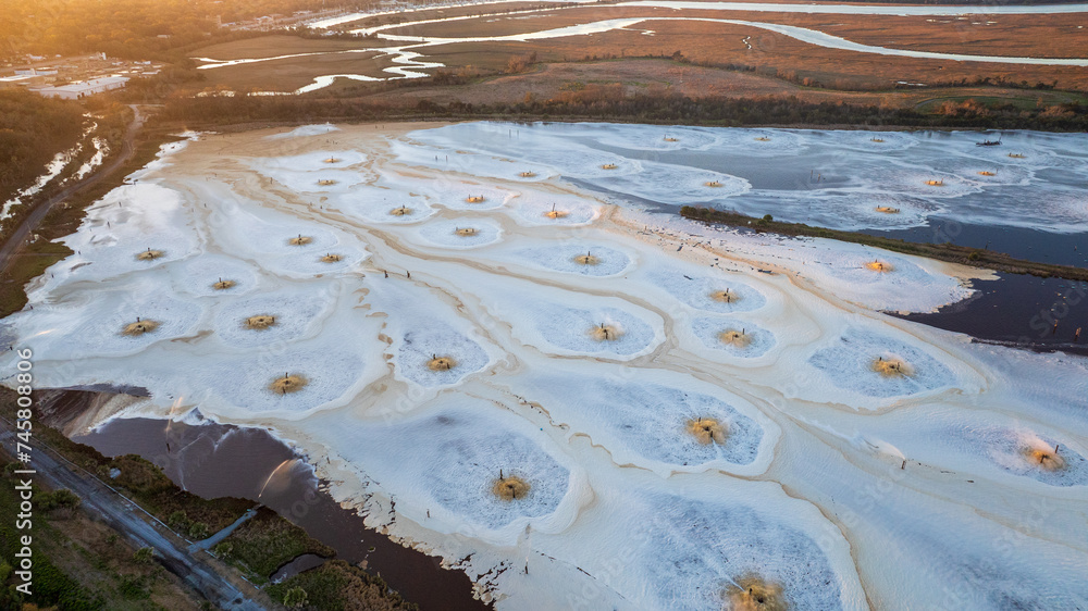 Aerial view of effluent discharge from a pulp and paper mill into a ...