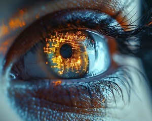 Close up of data being reflected in a Human eye. 