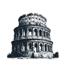 The Old Ancient Building. Black White Vector Illustration.