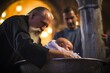 
Orthodox male priest baptizing a newborn baby in a traditional font of holy water
