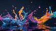 Water splashes in various hues over a dark background, Splash of paint. Abstract background. Digital Art, colored floating liquid in the trend colors pink, orange, blue and violet. 3d
