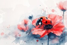 Watercolor Illustration Of Ladybug Sits On A Red Flower White Background