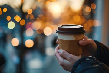 closeup of hands holding a paper cup of hot drink takeaway coffee or tea on cold evening city street blurred bokeh background