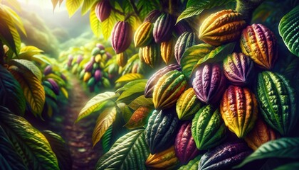  Vibrant cocoa pods in varied ripeness nestle among lush leaves, basking in soft, natural light