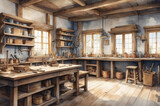 Fototapeta Przestrzenne - medieval carpentry workshop watercolor background