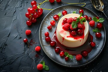 Wall Mural - Panna Cotta on a black background top view Italian Cuisine. Concept Food Photography, Italian Dessert, Panna Cotta Recipe, Top-down View, Black Background