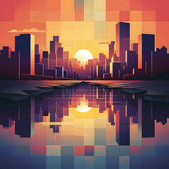 Wall Mural - a cityscape with a sunset reflecting in the water