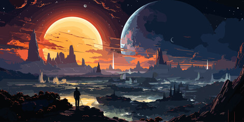 astronaut explores planetary space and looking at strange building floating in the sky, digital art style, illustration painting