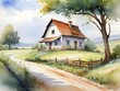Cute country house illustration. Watercolor rural landscape.	
