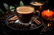 A cup of coffee with cinnamon dried upper view with coffee beans on the surface, generative IA