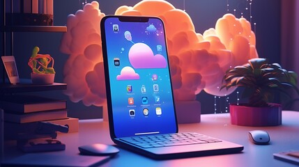 Wall Mural - A cloud computing technology concept with a tablet and keyboard.